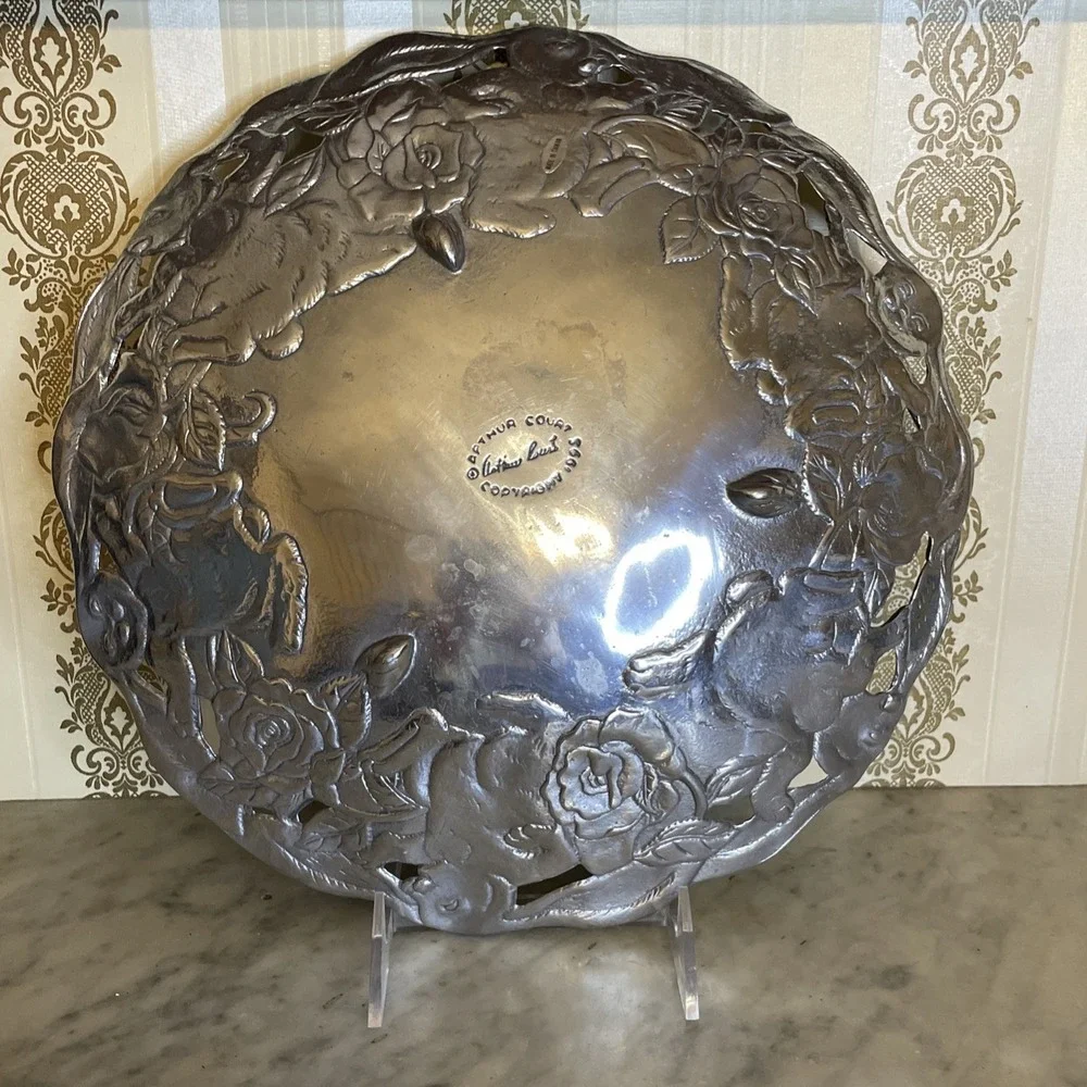 Vintage Arthur Court 1995 Metal Cast Aluminum Rabbit Rose Platter Bowl